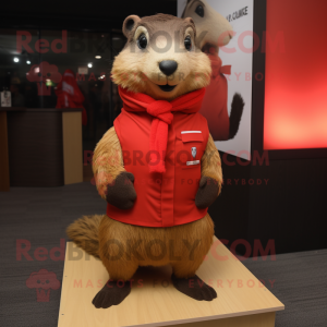 Red Marmot mascot costume character dressed with a Dress Shirt and Scarves