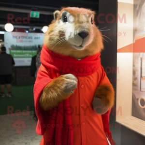 Red Marmot mascot costume character dressed with a Dress Shirt and Scarves