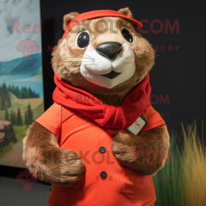 Red Marmot mascot costume character dressed with a Dress Shirt and Scarves