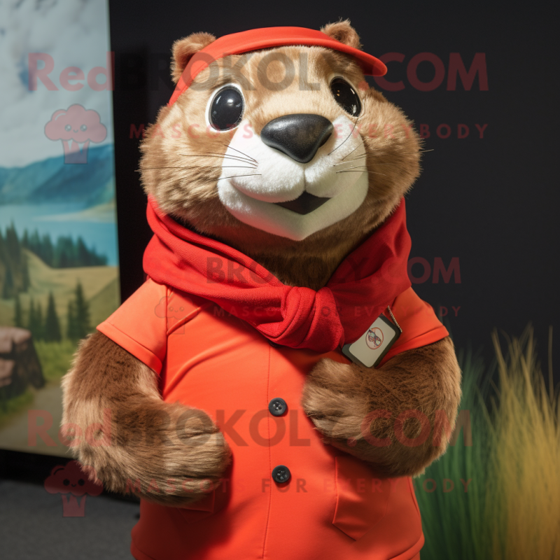 Red Marmot mascot costume character dressed with a Dress Shirt and Scarves Red Marmot mascot costume character dressed with a Dress Shirt and Scarves