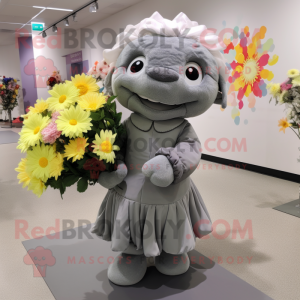 Gray Bouquet Of Flowers mascot costume character dressed with a Wrap Dress and Backpacks