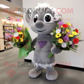 Gray Bouquet Of Flowers mascot costume character dressed with a Wrap Dress and Backpacks