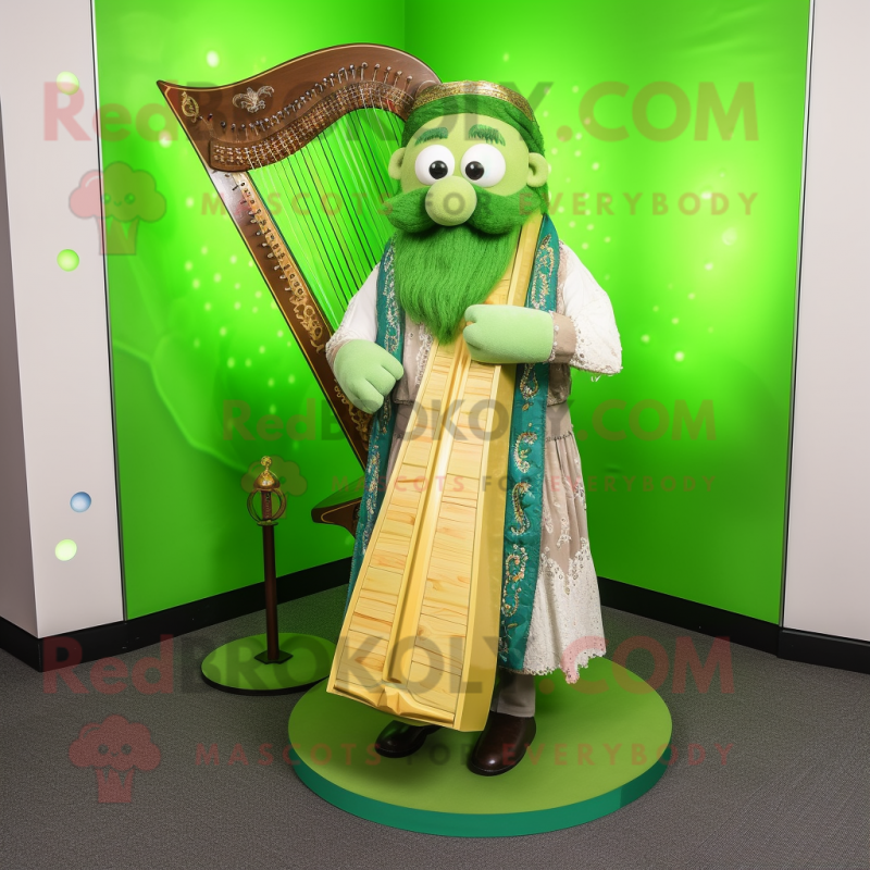 Lime Green Celtic Harp mascot costume character dressed with a Waistcoat and Reading glasses Lime Green Celtic Harp mascot costume character dressed with a Waistcoat and Reading glasses