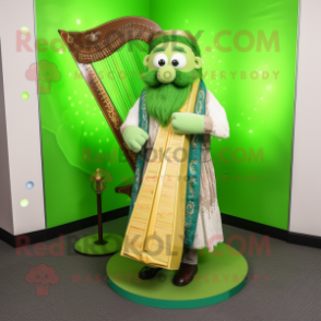 Lime Green Celtic Harp mascot costume character dressed with a Waistcoat and Reading glasses