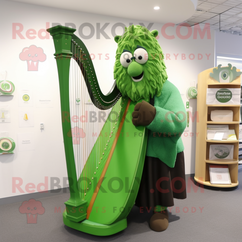 Lime Green Celtic Harp mascot costume character dressed with a Waistcoat and Reading glasses Lime Green Celtic Harp mascot costume character dressed with a Waistcoat and Reading glasses