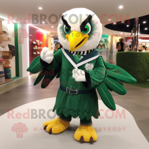 Forest Green Hawk mascot costume character dressed with a Circle Skirt and Clutch bags