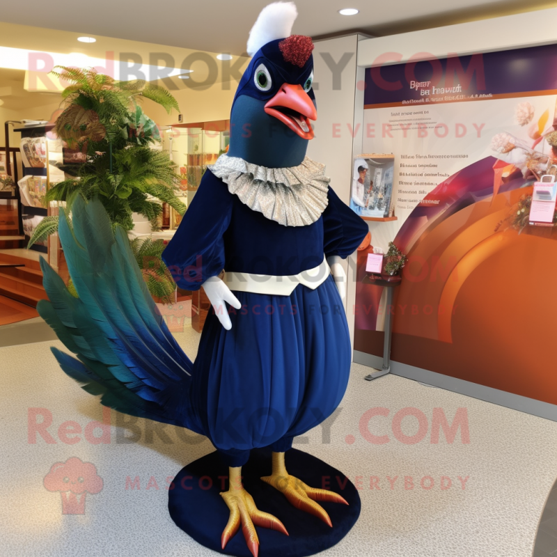 Navy Pheasant mascot costume character dressed with a Evening Gown and Clutch bags