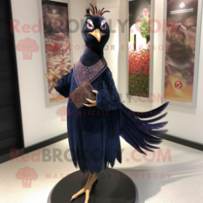 Navy Pheasant mascot costume character dressed with a Evening Gown and Clutch bags