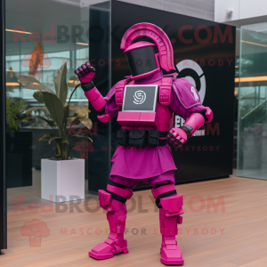 Magenta Spartan Soldier mascot costume character dressed with a Windbreaker and Digital watches