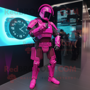 Magenta Spartan Soldier mascot costume character dressed with a Windbreaker and Digital watches