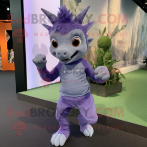 Lavender Chupacabra mascot costume character dressed with a Running Shorts and Mittens