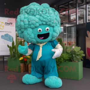 Teal Cauliflower mascot costume character dressed with a Culottes and Lapel pins