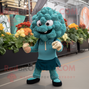 Teal Cauliflower mascot costume character dressed with a Culottes and Lapel pins