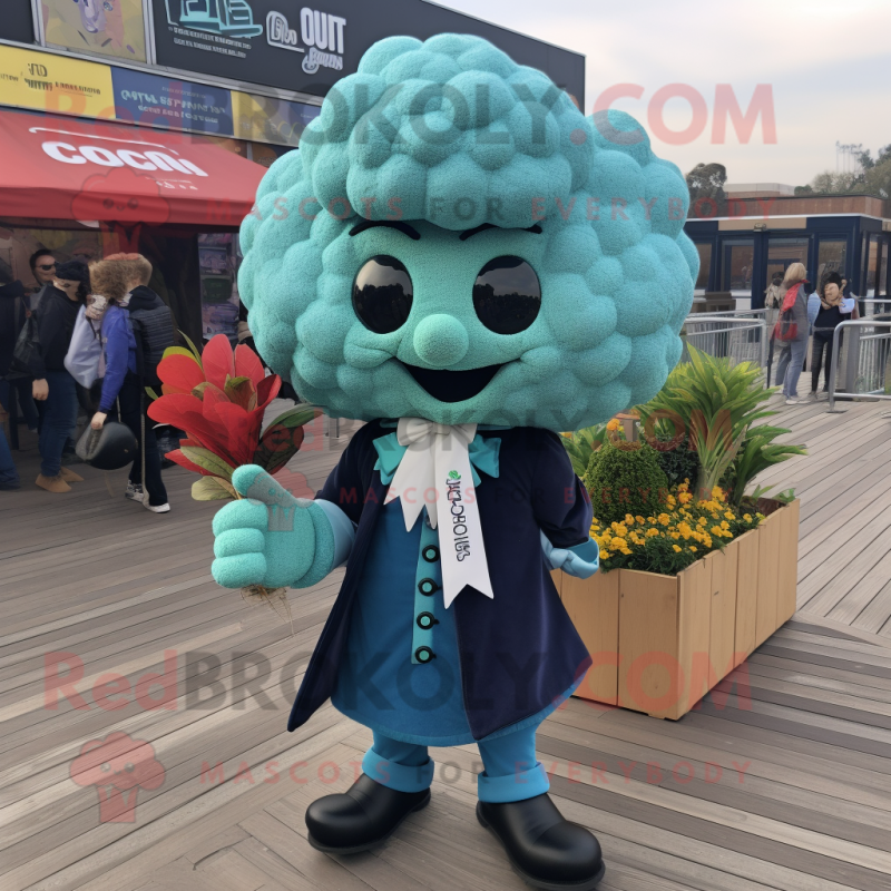 Teal Cauliflower mascot costume character dressed with a Culottes and Lapel pins Teal Cauliflower mascot costume character dressed with a Culottes and Lapel pins