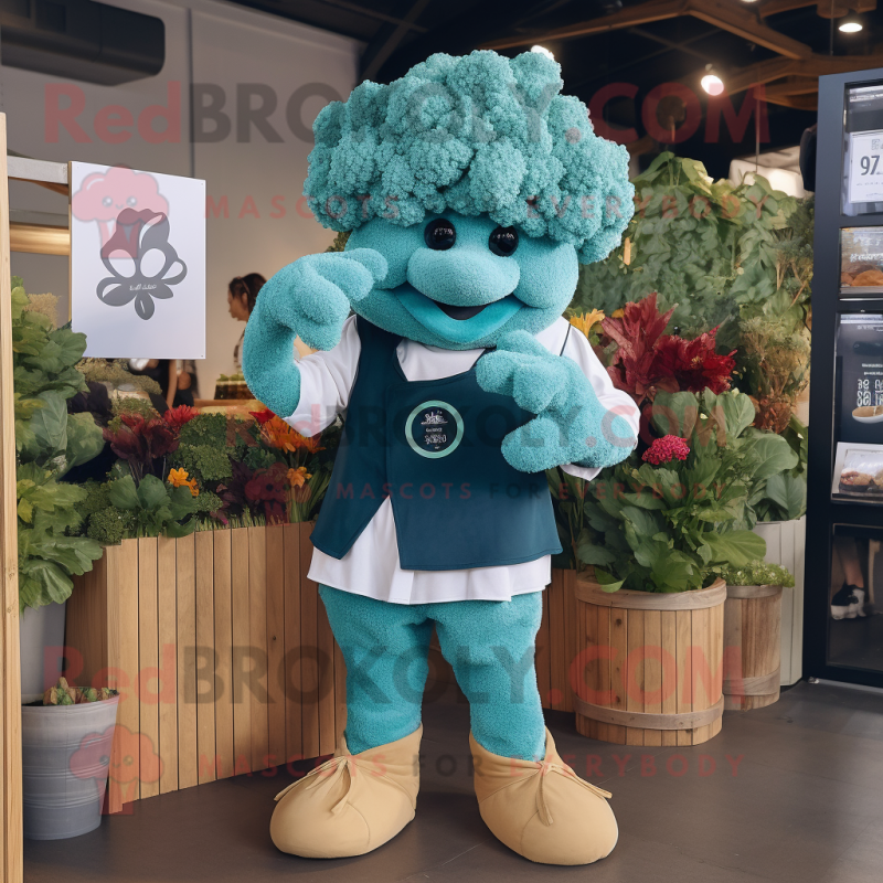 Teal Cauliflower mascot costume character dressed with a Culottes and Lapel pins