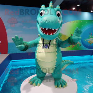 Cyan Crocodile mascot costume character dressed with a Swimwear and Keychains