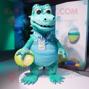 Cyan Crocodile mascot costume character dressed with a Swimwear and Keychains