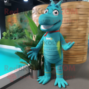 Cyan Crocodile mascot costume character dressed with a Swimwear and Keychains