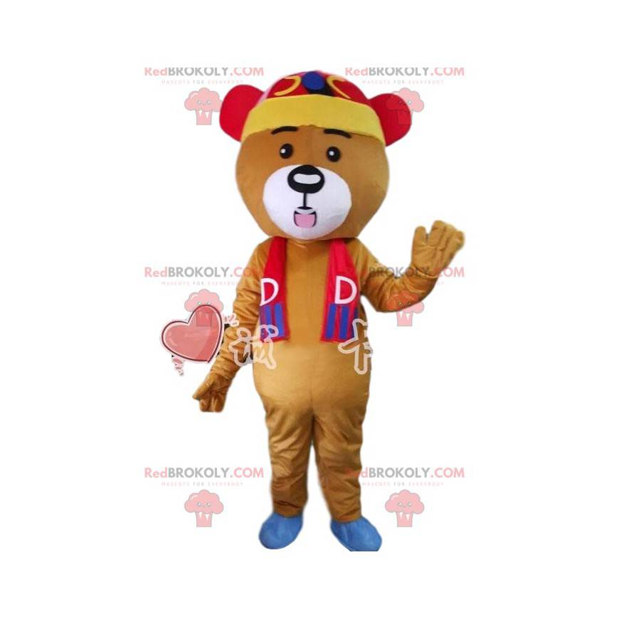 Mascotte d'ours marron en tenue de sport. Déguisement d'ours -