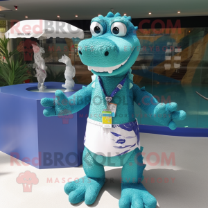 Cyan Crocodile mascot costume character dressed with a Swimwear and Keychains