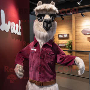 Maroon Llama mascot costume character dressed with a Mom Jeans and Tie pins