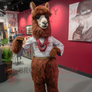 Maroon Llama mascot costume character dressed with a Mom Jeans and Tie pins