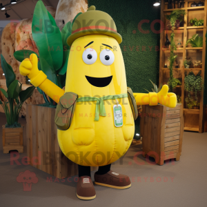 Yellow Zucchini mascot costume character dressed with a Waistcoat and Messenger bags