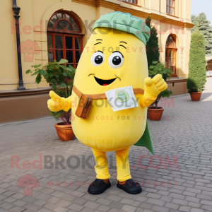 Yellow Zucchini mascot costume character dressed with a Waistcoat and Messenger bags