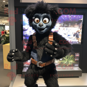 Black Lemur mascot costume character dressed with a Jeans and Digital watches
