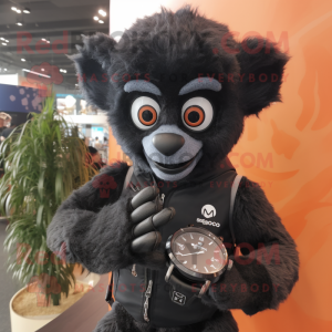 Black Lemur mascot costume character dressed with a Jeans and Digital watches