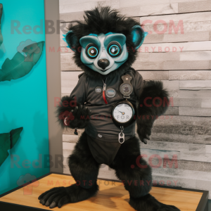 Black Lemur mascot costume character dressed with a Jeans and Digital watches