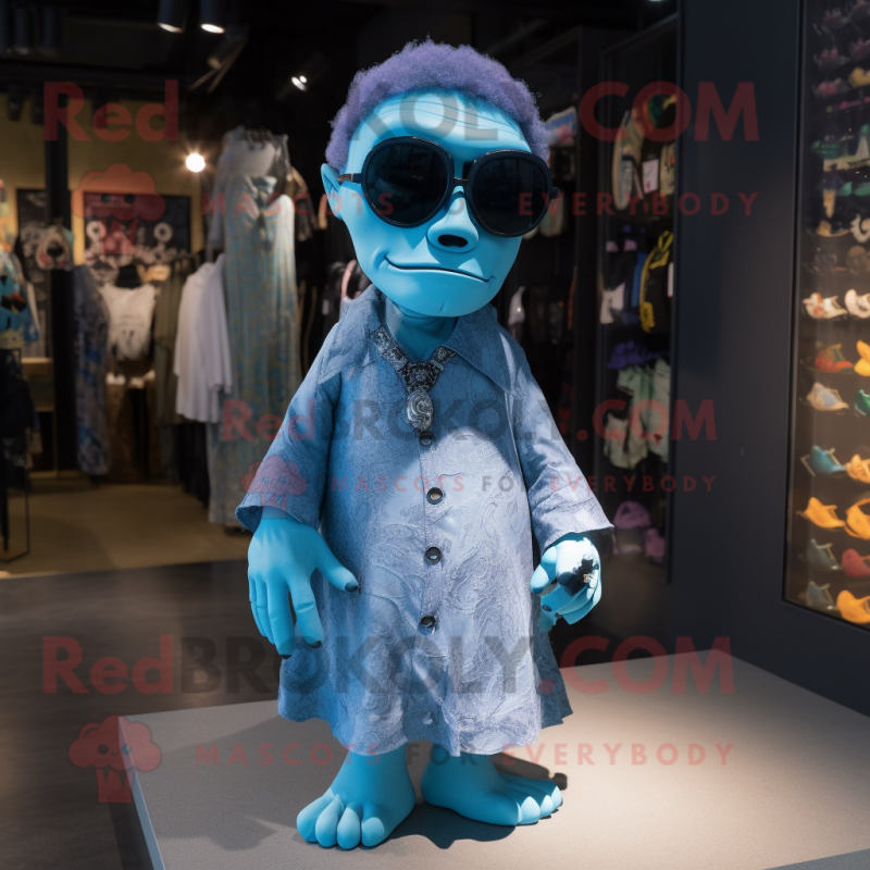 Blue Frankenstein mascot costume character dressed with a Maxi Dress and Sunglasses