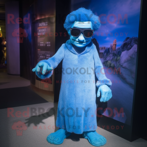 Blue Frankenstein mascot costume character dressed with a Maxi Dress and Sunglasses