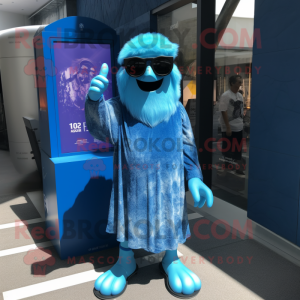 Blue Frankenstein mascot costume character dressed with a Maxi Dress and Sunglasses