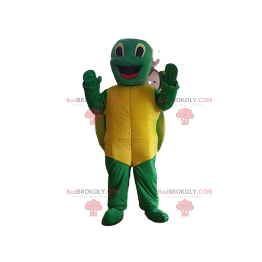Zeer lachende schildpadmascotte. Schildpad kostuum -