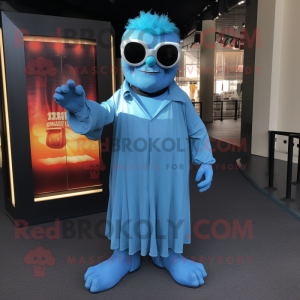 Blue Frankenstein mascot costume character dressed with a Maxi Dress and Sunglasses