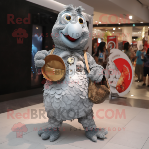 Silver Turkey mascot costume character dressed with a Denim Shorts and Coin purses