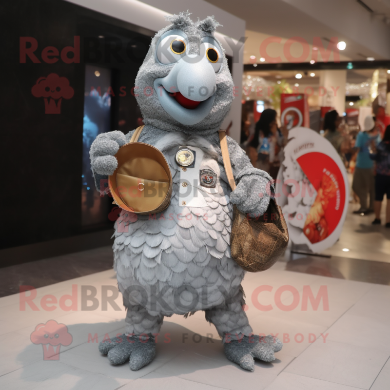 Silver Turkey mascot costume character dressed with a Denim Shorts and Coin purses Silver Turkey mascot costume character dressed with a Denim Shorts and Coin purses