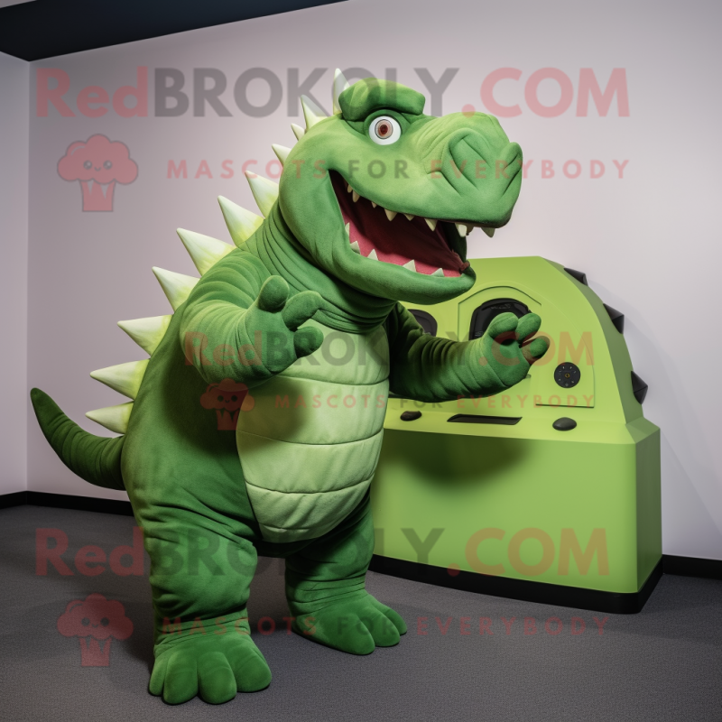 Green Ankylosaurus mascot costume character dressed with a Tank Top and Gloves