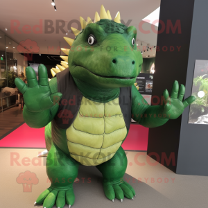 Green Ankylosaurus mascot costume character dressed with a Tank Top and Gloves