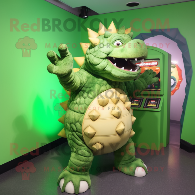 Green Ankylosaurus mascot costume character dressed with a Tank Top and Gloves