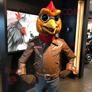 nan Rooster mascot costume character dressed with a Moto Jacket and Cummerbunds
