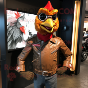 nan Rooster mascot costume character dressed with a Moto Jacket and Cummerbunds