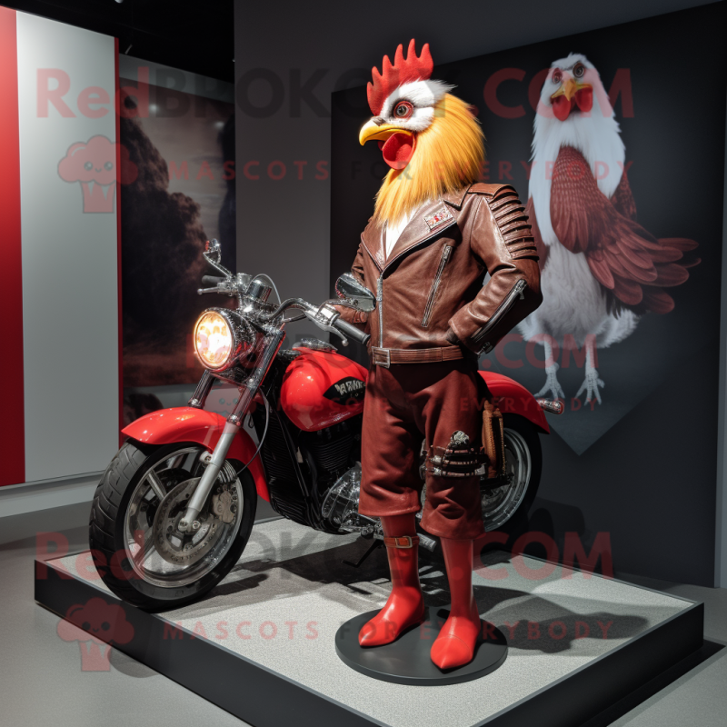 nan Rooster mascot costume character dressed with a Moto Jacket and Cummerbunds