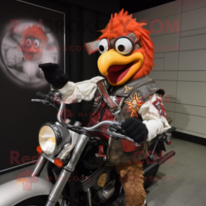 nan Rooster mascot costume character dressed with a Moto Jacket and Cummerbunds