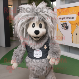 Silver Shepard'S Pie mascot costume character dressed with a Vest and Hair clips