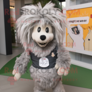 Silver Shepard'S Pie mascot costume character dressed with a Vest and Hair clips