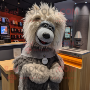 Silver Shepard'S Pie mascot costume character dressed with a Vest and Hair clips