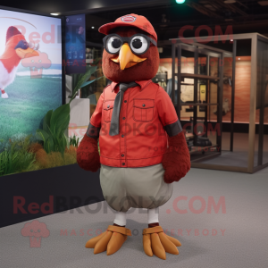 Red Quail mascot costume character dressed with a Cargo Pants and Eyeglasses