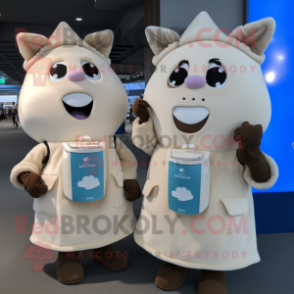 Tan Bottle Of Milk mascot costume character dressed with a Blouse and Backpacks
